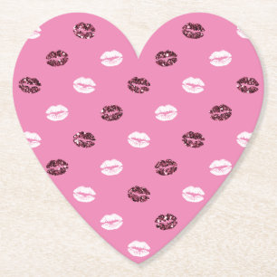 Pink Red Glitter White Kisses Lips   Paper Coaster