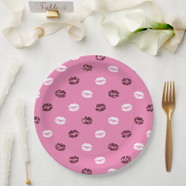 Pink Red Glitter White Kisses Lips   Paper Plates (Wedding)