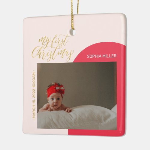 Pink Red  Gold Baby First Christmas Photo Cerami Ceramic Ornament