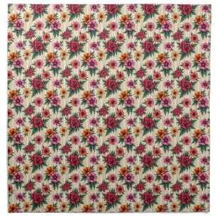 Pink Red Gold Flowers on Tan Stripes Cloth Napkin