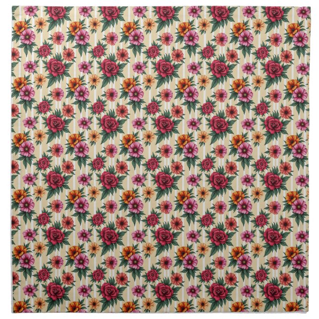 Pink Red Gold Flowers on Tan Stripes Cloth Napkin (Front)