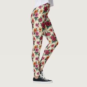 Pink Red Gold Flowers on Tan Stripes Leggings