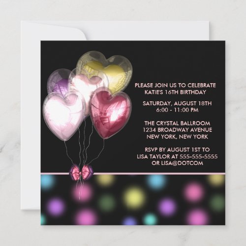 Pink Red Gold Heart Balloons Sweet 16 Party Invitation