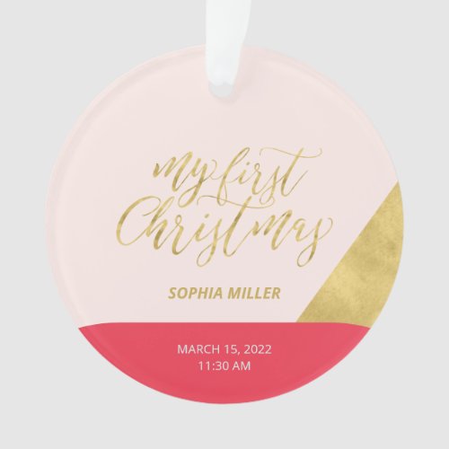 Pink Red  Gold Modern First Christmas Photo Ornament