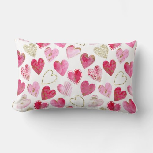 Pink Red Gold Modern Watercolor Love Heart Pattern Lumbar Pillow