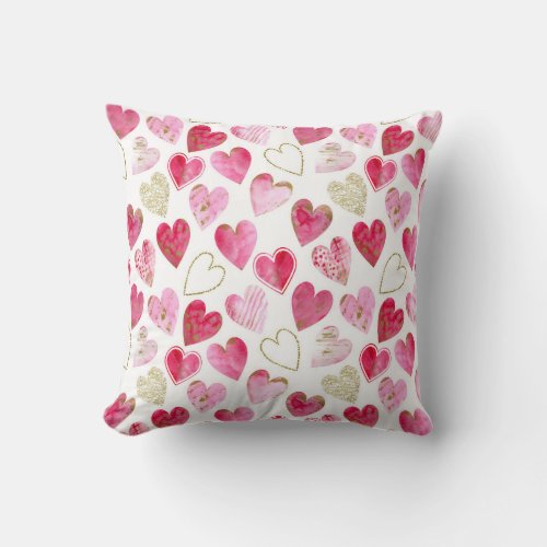 Pink Red Gold Modern Watercolor Love Heart Pattern Throw Pillow