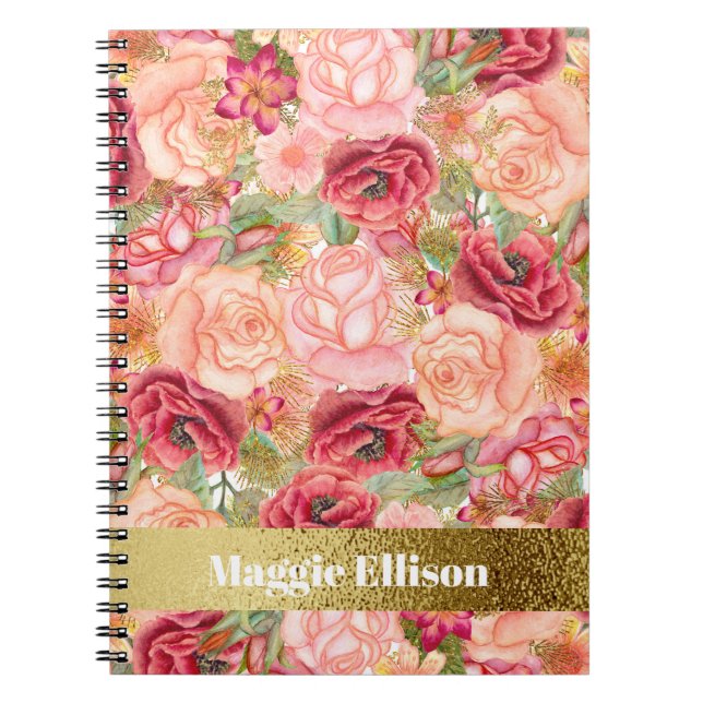 Pink Red Gold Roses Personalized Flowers Notebook (Front)