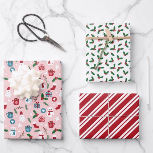  Pink Red Green Cute Cozy Christmas Patterns Wrapping Paper Sheets