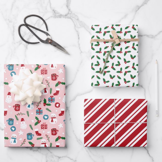  Pink Red Green Cute Cozy Christmas Patterns Wrapping Paper Sheets (Front)