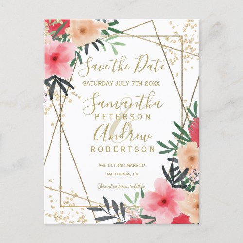 Pink red green floral gold frame save the date announcement postcard