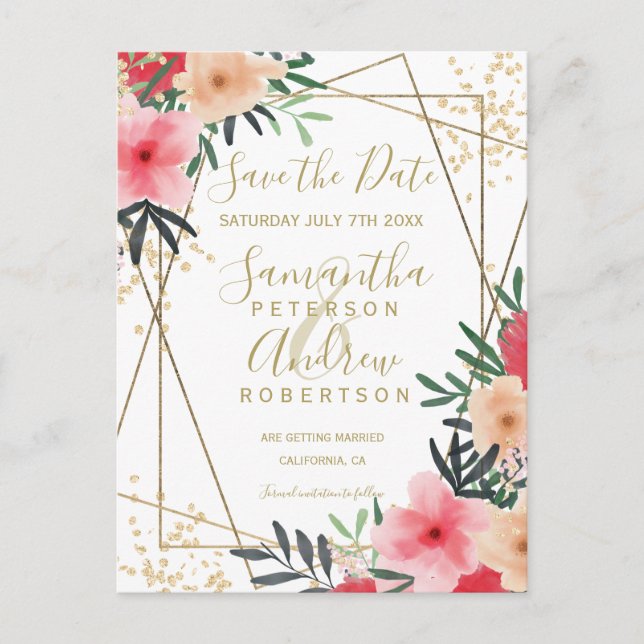 Pink red green floral gold frame save the date announcement postcard (Front)