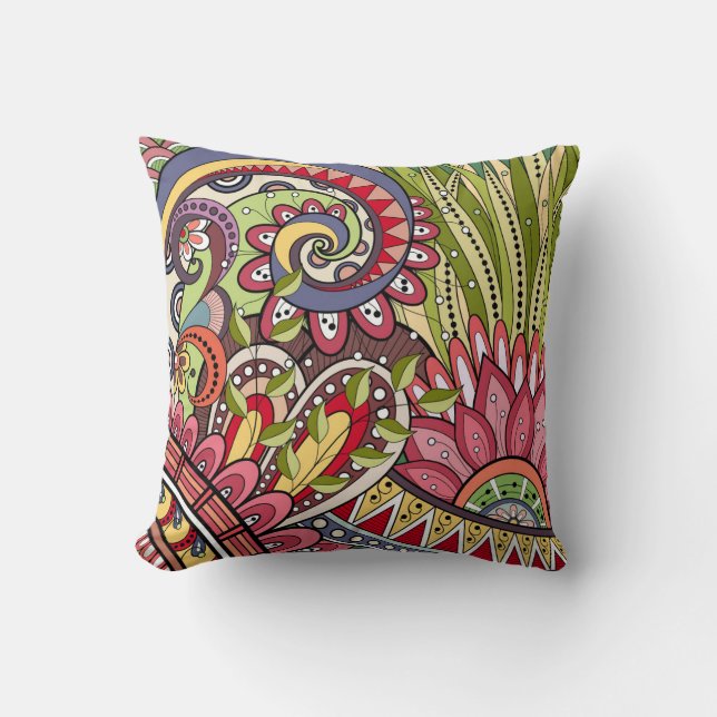 Pink Red Green Flowers And Swirl Pattern Throw Pillow (Front)