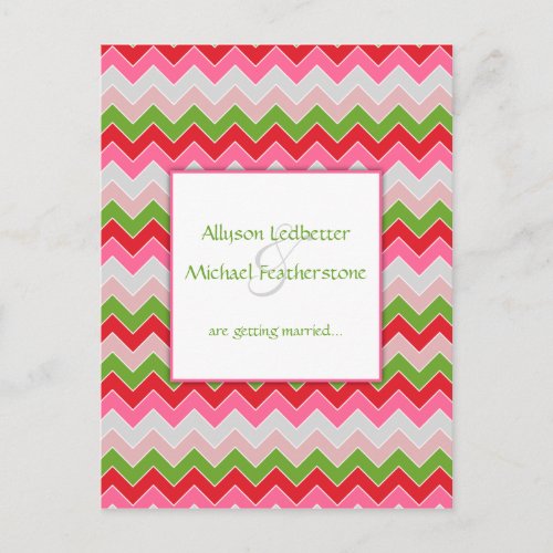 Pink Red Green Gray Chevron Stripe Save The Date Announcement Postcard