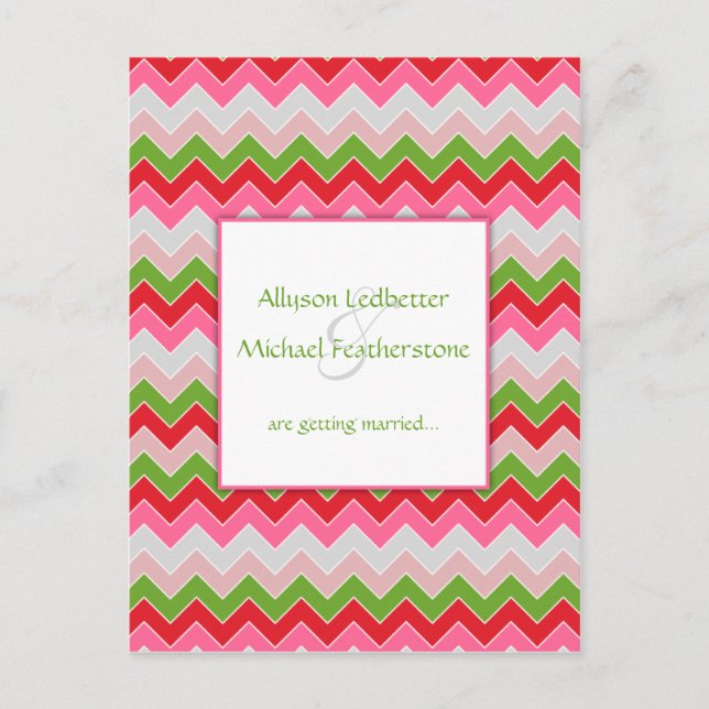 Pink Red Green Gray Chevron Stripe Save The Date Announcement Postcard (Front)