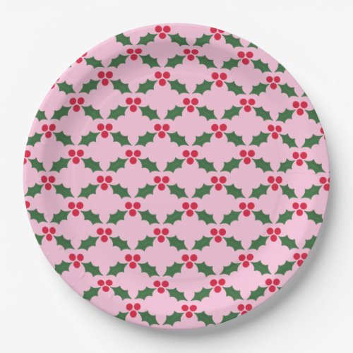 Pink Red Green Holly Christmas Paper Plates