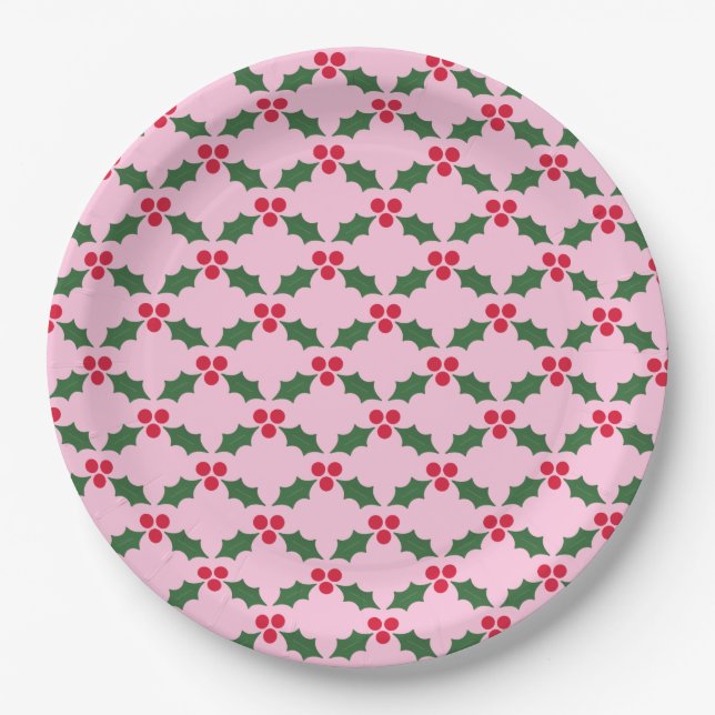 Pink Red Green Holly Christmas Paper Plates (Front)