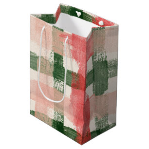 Pink Red Green Plaid White Plaid Stripes Christmas Medium Gift Bag