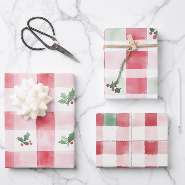 Pink Red Green Retro Christmas Pattern Wrapping Paper Sheets (Front)