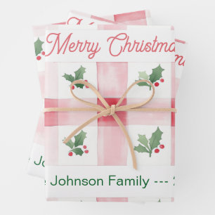 Pink Red Green Retro Personalized Christmas Wrapping Paper Sheets