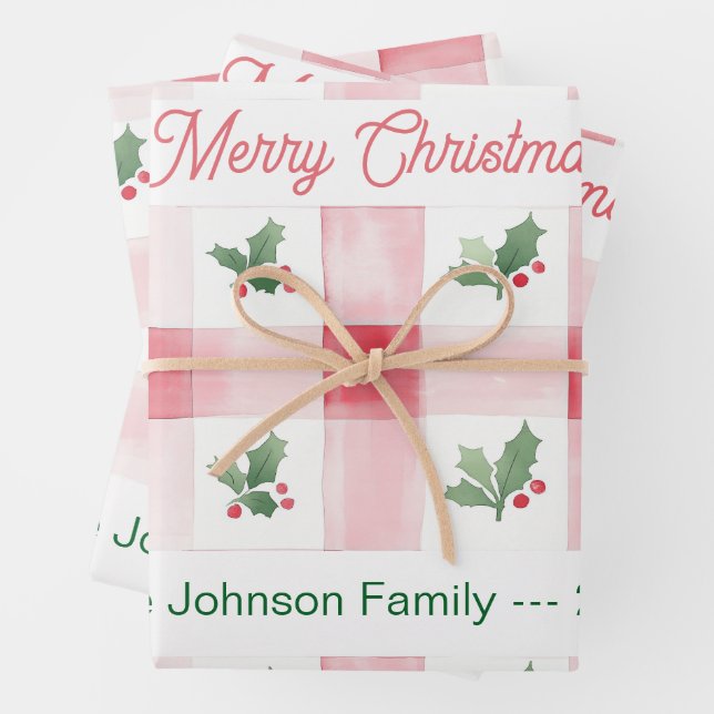 Pink Red Green Retro Personalized Christmas Wrapping Paper Sheets (In situ)