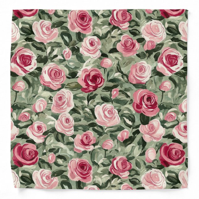 Pink Red Green Roses Floral Bandana (Front)