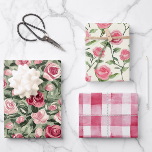 Pink Red Green Roses Floral Birthday Wrapping Paper Sheets