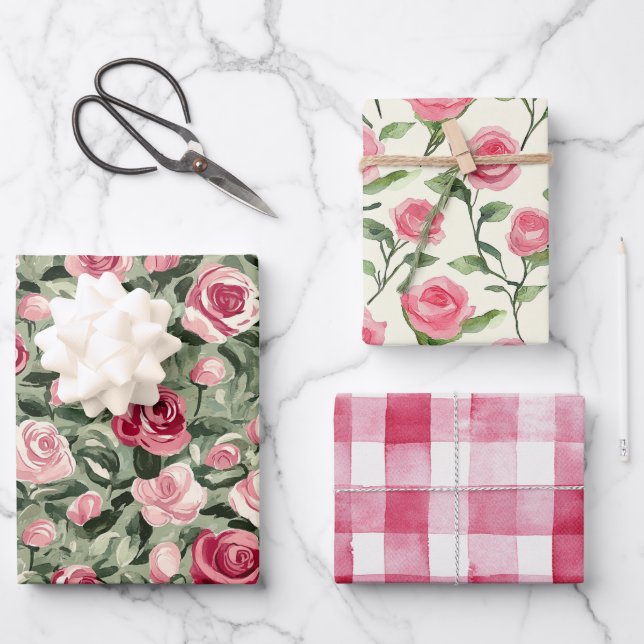 Pink Red Green Roses Floral Birthday Wrapping Paper Sheets (Front)