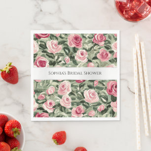 Pink Red Green Roses Floral Bridal Shower Napkins