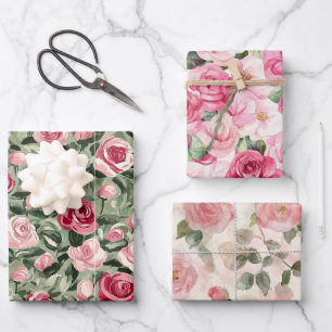 Pink Red Green Roses Floral Bridal Shower Wrapping Paper Sheets