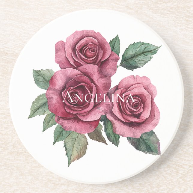 Pink Red Green Roses Floral Coaster (Front)