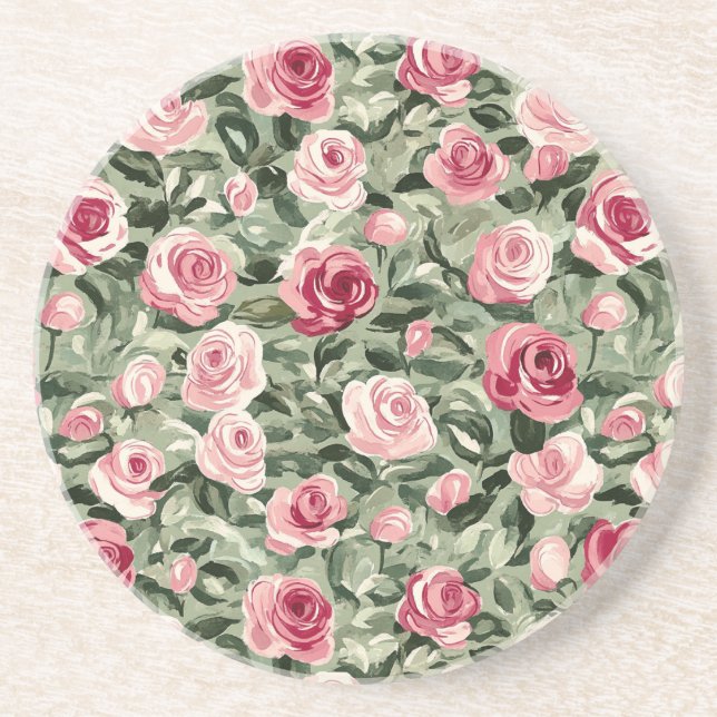 Pink Red Green Roses Floral Coaster (Front)