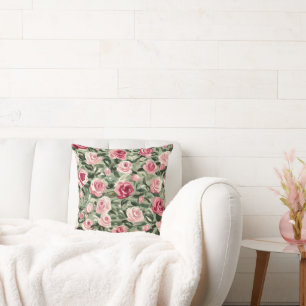 Pink Red Green Roses Floral Throw Pillow
