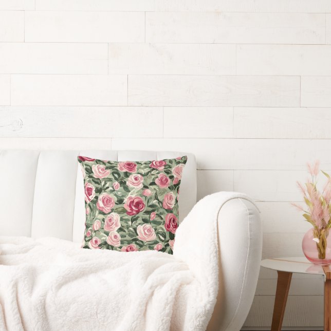 Pink Red Green Roses Floral Throw Pillow (Couch)