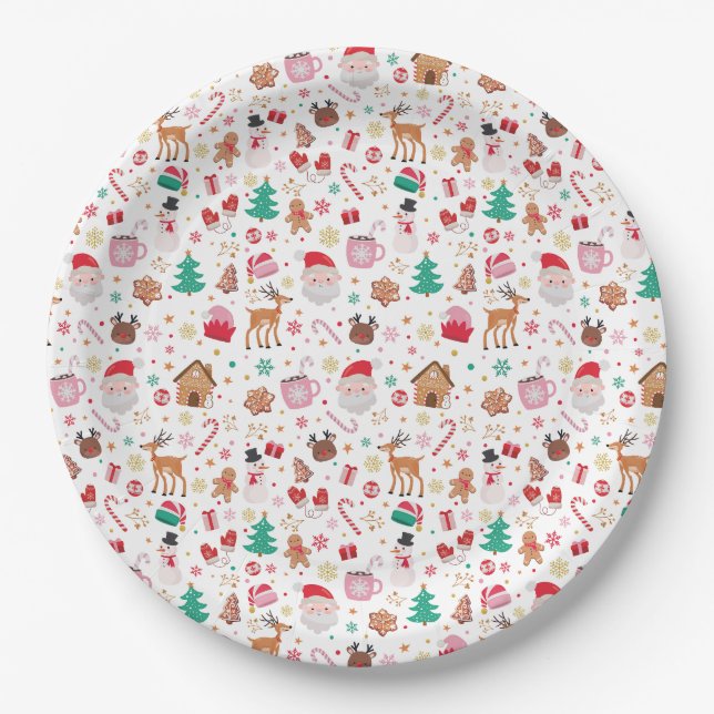 Pink Red Green Santa Claus Christmas Holiday Party Paper Plates (Front)