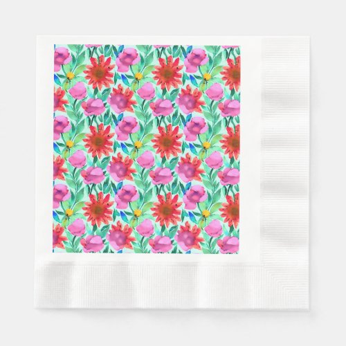 Pink Red Green Watercolor Flowers Napkins