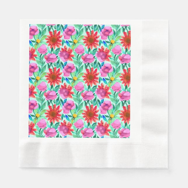 Pink, Red, Green Watercolor Flowers Napkins (Front)