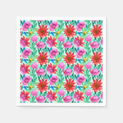 Pink Red Green Watercolor Flowers Napkins