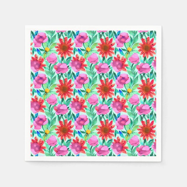 Pink, Red, Green Watercolor Flowers Napkins (Front)