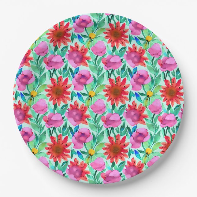 Pink, Red, Green Watercolor Flowers Paper Plates (Front)