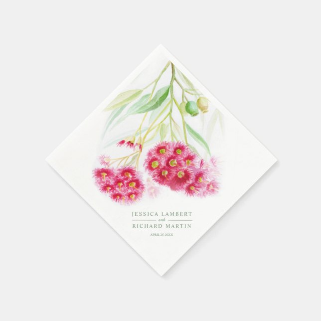 Pink red gumnut eucalyptus watercolor wedding napkins (Corner)