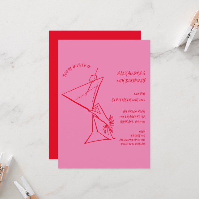 Pink Red Hand-drawn 50th Birthday Invitation (Front/Back In Situ)