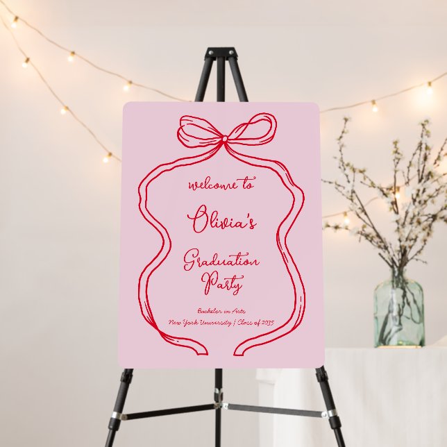 Pink Red Hand Drawn Bow & Script Graduation Party Foam Board (In Situ (Stand))