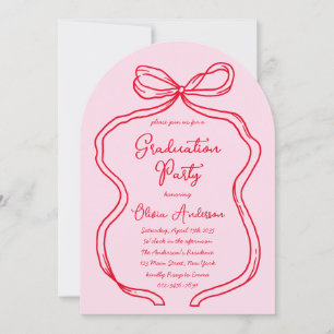 Pink Red Hand Drawn Bow & Script Graduation Party Invitation