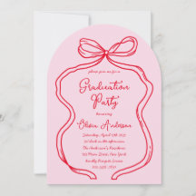 Pink Red Hand Drawn Bow & Script Graduation Party