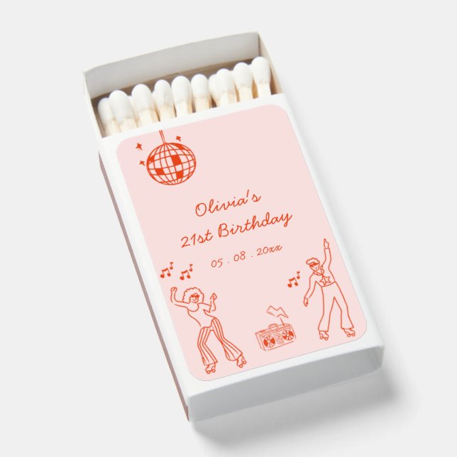 Pink Red Hand Drawn Disco Roller Skating Birthday Matchboxes (Front Open)