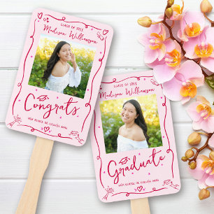 Pink Red Hand Drawn Doodle Graduation 2 Photo Fun Fan