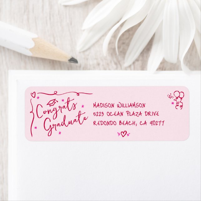 Pink Red Hand Drawn Doodle Graduation Fun Address Label (Insitu)