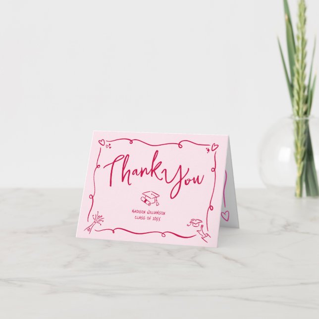 Pink Red Hand Drawn Doodle Style Graduation Quirky Thank You Card (Front)