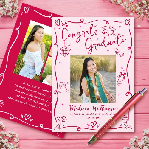 Pink Red Hand Drawn Doodles Graduation 4 Photo Fun