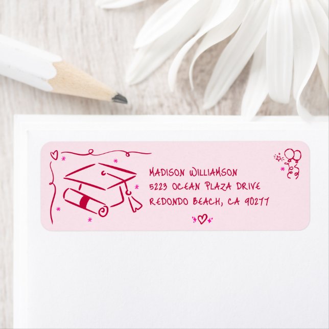 Pink Red Hand Drawn Doodles Graduation Cap Address Label (Insitu)